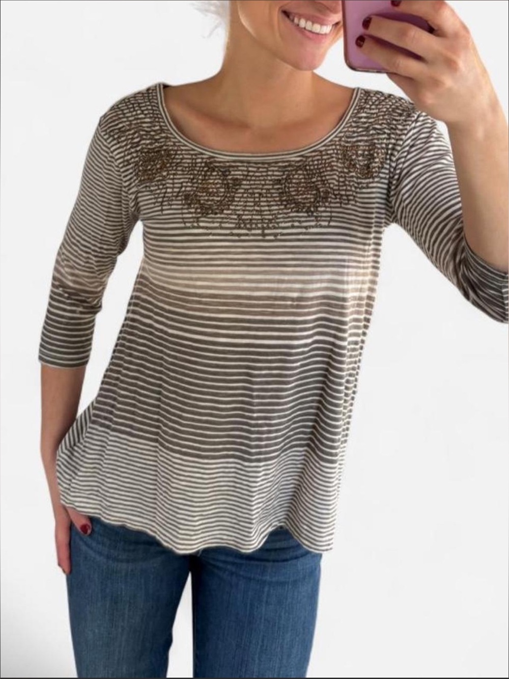 Anthropologie Striped Scoop Neck Embellished Women's Top - Taupe/White. Size XS